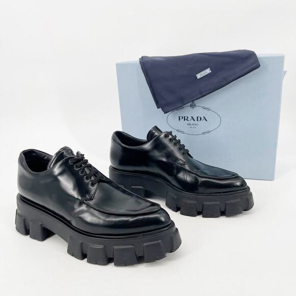 Prada Shoes - Prada Black Brushed Leather Lace Up Chunky Monolith Derby Oxford Loafer IT 39
